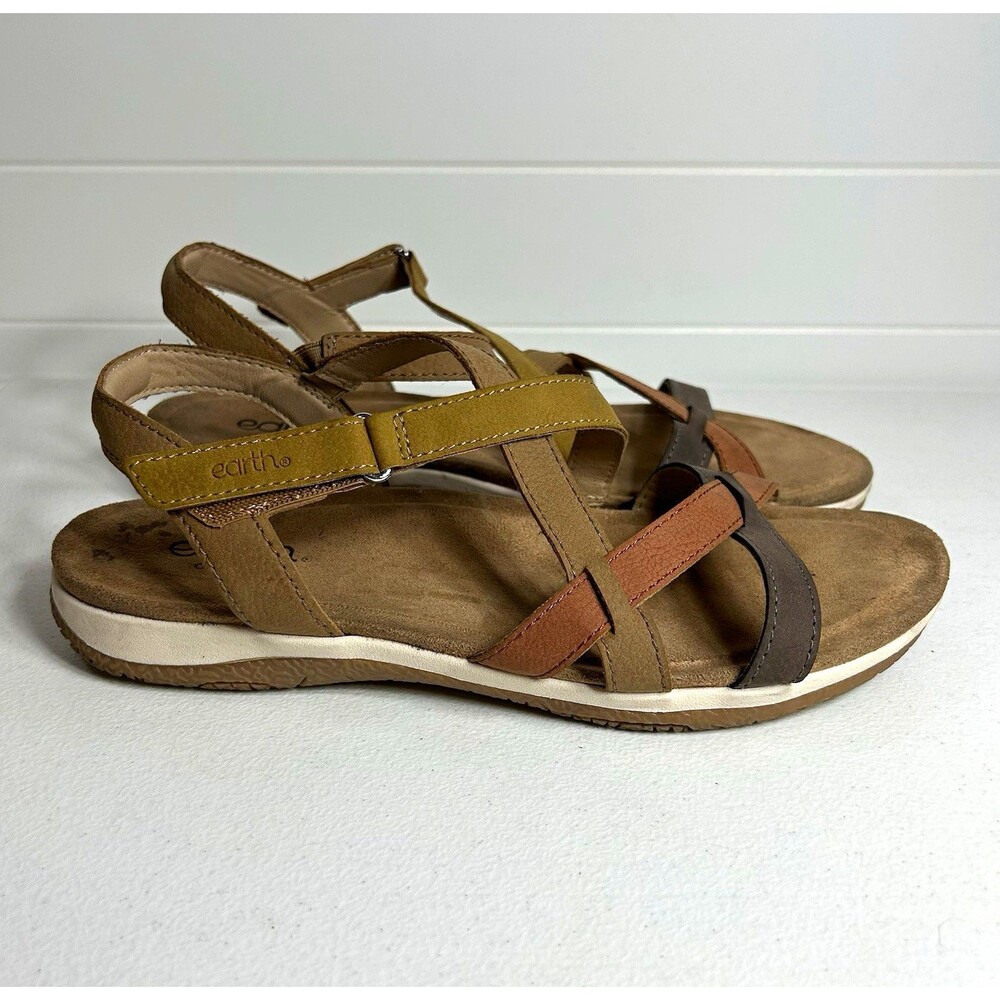 Earth Origins Women’s Sandals US 10 M Brown Tan Gray Leather Strappy Hook & Loop